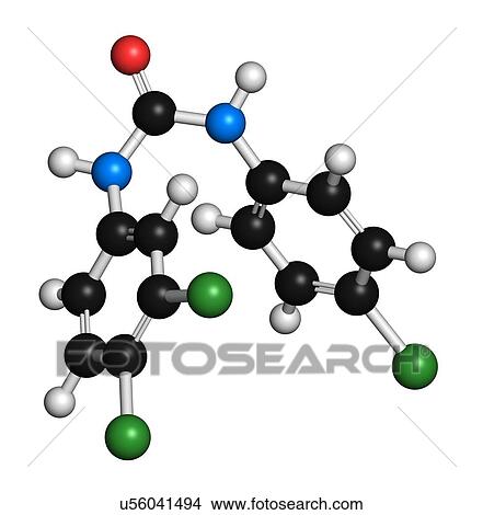 Stock Illustration - "Triclocarban antibacterial agent molecule. Often used in antibacterial soaps and lotions. Atoms are represented as spheres with conventional colour coding: hydrogen (white), carbon (black), oxygen (red), nitrogen (blue), chlorine (green). ". Fotosearch