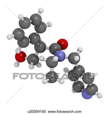 Clipart - "Tropicamide mydriatic eye drug molecule. Atoms are represented as spheres with conventional colour coding: hydrogen (white), carbon (grey), oxygen (red), nitrogen (blue). ". Fotosearch