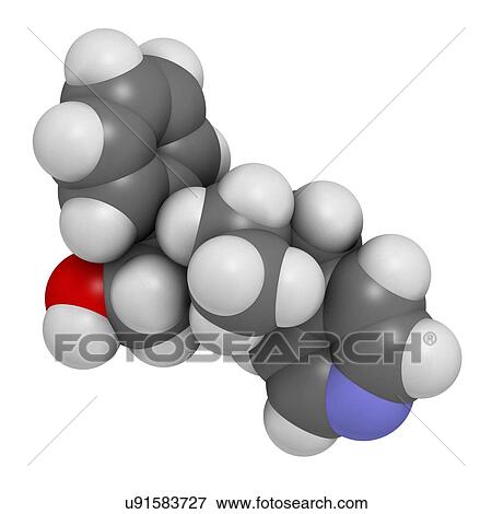 Stock Illustration - "Tropicamide mydriatic eye drug molecule. Atoms are represented as spheres with conventional colour coding: hydrogen (white), carbon (grey), oxygen (red), nitrogen (blue). ". Fotosearch