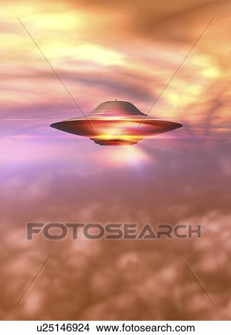 "UFO in a cloudy sky, computer illustration. " View Large Illustration Stock Illustration - "UFO in a cloudy sky, computer illustration. ". Fotosearch