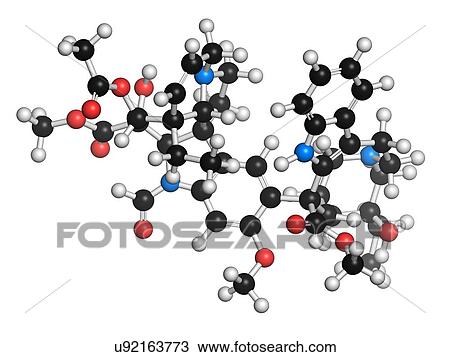 Drawing - "Vincrinstine cancer drug molecule (vinca alkaloid class). Atoms are represented as spheres with conventional colour coding: hydrogen (white), carbon (black), oxygen (red), nitrogen (blue). ". Fotosearch