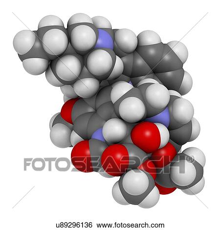 Stock Illustration - "Vincrinstine cancer drug molecule (vinca alkaloid class). Atoms are represented as spheres with conventional colour coding: hydrogen (white), carbon (grey), oxygen (red), nitrogen (blue). ". Fotosearch