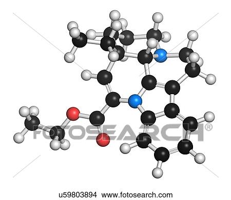 Stock Illustration - "Vinpocetine molecule. Semisynthetic vinca alkaloid derivative, used as drug and as dietary supplement. Atoms are represented as spheres with conventional colour coding: hydrogen (white), carbon (black), oxygen (red), nitrogen (blue). ". Fotosearch