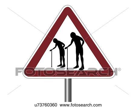 Warning sign with elderly people symbol. View Large Illustration Clipart - Warning sign with elderly people symbol.. Fotosearch