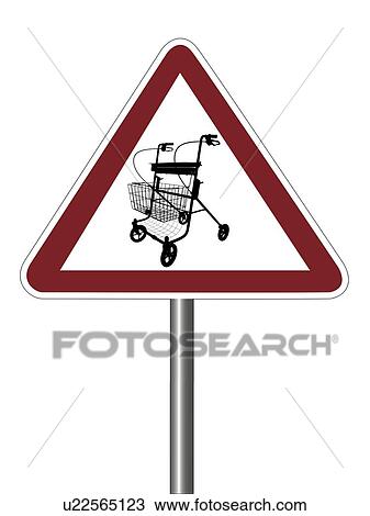 Drawing - Warning sign with walking frame or rollator symbol.. Fotosearch