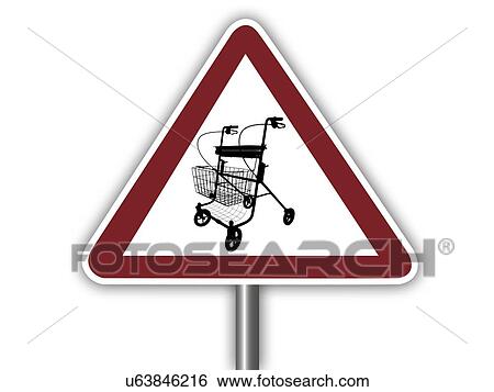 Warning sign with walking frame or rollator symbol. View Large Illustration Stock Illustration - Warning sign with walking frame or rollator symbol.. Fotosearch