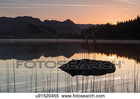 Stock Photography - Misty lake sunrise with stripes. Fotosearch