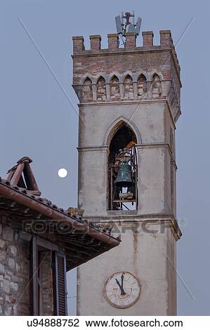 Stock Image - Moonset over MonteCastello di Vibio medieval centre.. Fotosearch