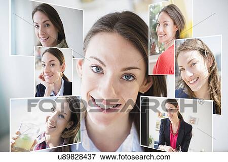 Stock Photo - Composite image of woman surrounded with her photographs. Fotosearch