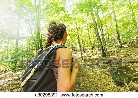 Stock Image - Female hiker in forest. Fotosearch