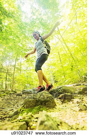 Stock Photo - Female hiker in forest. Fotosearch