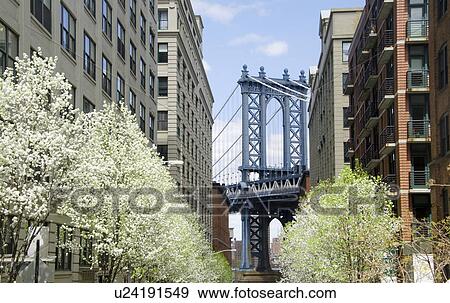 Manhattan Bridge seen between residential buildings View Large Photo Image Stock Photo - Manhattan Bridge seen between residential buildings . Fotosearch