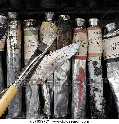 Stock Image - Oil paint tubes in row. Fotosearch