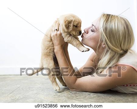 Stock Photograph - Owner kissing Golden Retriever puppy . Fotosearch