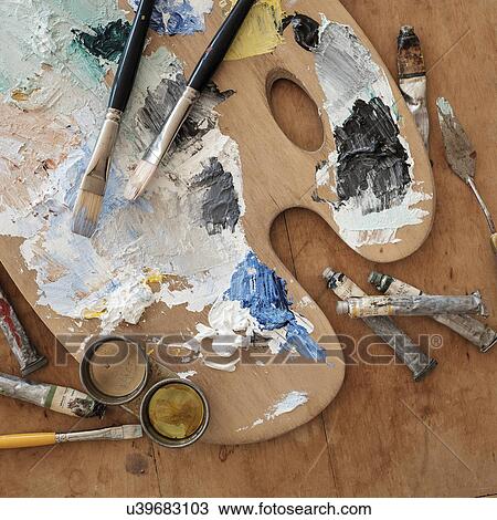 Stock Image - Paintbrushes and palette. Fotosearch