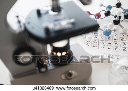 Stock Photo - Periodic table and microscope on desk. Fotosearch