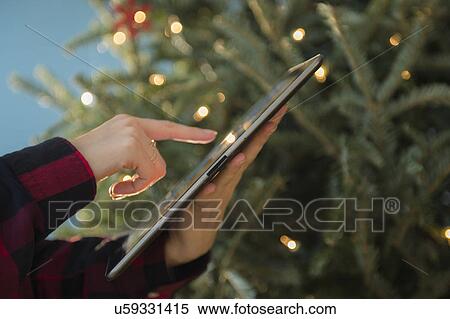 Person using tablet near Christmas tree View Large Photo Image Stock Photography - Person using tablet near Christmas tree. Fotosearch