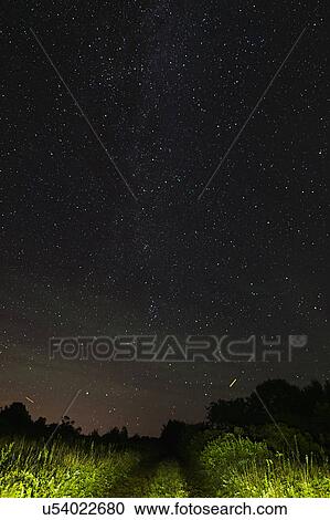 Stock Image - View of starry sky from dirt road at night. Fotosearch
