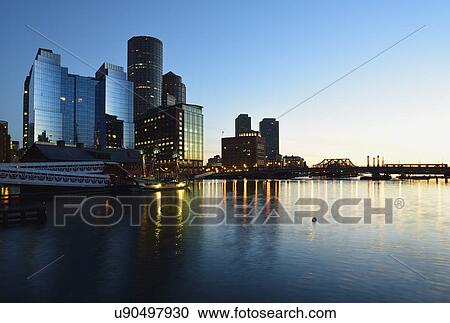 Stock Image - Waterfront along Fort Point Channel at dawn. Fotosearch