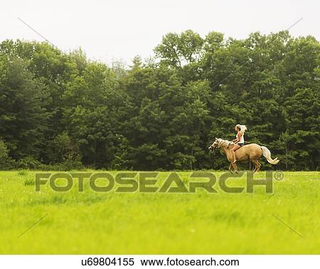 Stock Photography - Woman horseback riding in countryside. Fotosearch