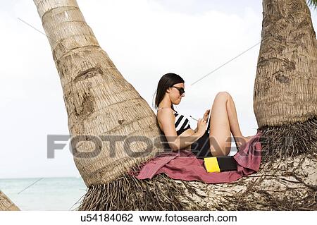 Woman relaxing by palm trees View Large Photo Image Stock Image - Woman relaxing by palm trees . Fotosearch