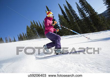 Woman skiing downhill View Large Photo Image Stock Image - Woman skiing downhill. Fotosearch