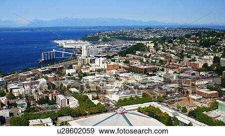 aerial view of seattle from space needle tower View Large Photo Image Stock Photo - aerial view of seattle from space needle tower. Fotosearch