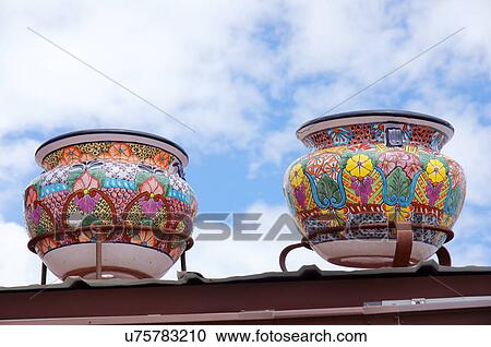 Stock Image -  colorful pottery taos new mexico nm display. Fotosearch