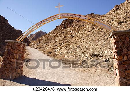 Stock Photo -  entrance welcome signmount mt cristo rey ray el. Fotosearch