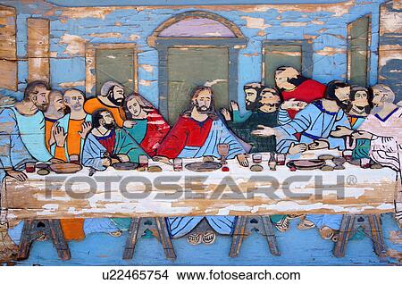 Picture -  last supper paineting on wood final meal jesus. Fotosearch