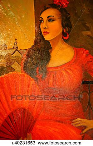 Stock Image -  painting of spanish woman female red canvas. Fotosearch