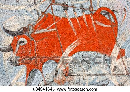 Stock Photography -  red bull mural chamizal national park memorial. Fotosearch