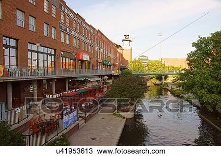 Stock Image -  route 66 bricktown canal shops twilight oklahoma. Fotosearch