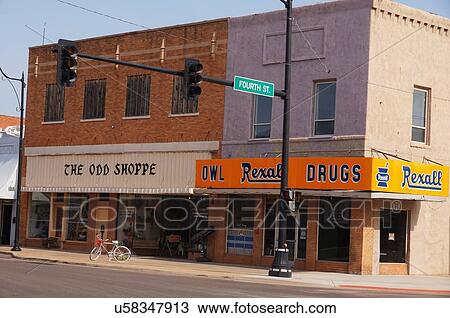 Stock Image -  route 66 owl shop rexall drugs odd sayre ok. Fotosearch