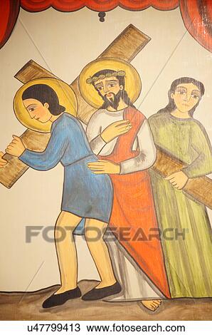 Stock Image -  santa fe nm stations cross simon cyrene helps. Fotosearch