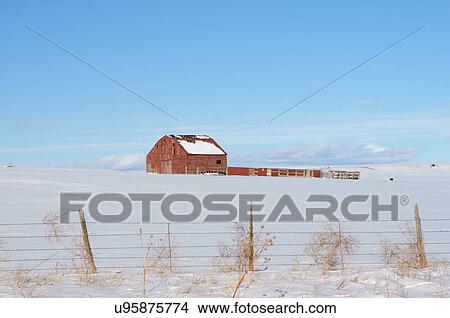 Picture -  winter scenic red barn las vegas new mexico nm. Fotosearch