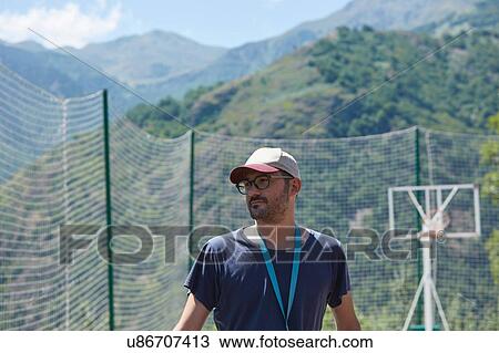 Stock Image - Coach in basketball court, Pirineos, Aragon, Spain. Fotosearch