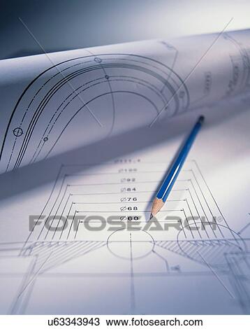 Stock Image - Engineering drawing and pencil. Fotosearch