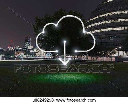 Stock Photo - Glowing cloud symbol with download arrow in city at night. Fotosearch