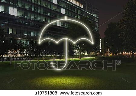 Glowing umbrella symbol in city at night View Large Photo Image Stock Photo - Glowing umbrella symbol in city at night. Fotosearch