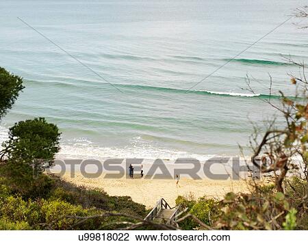 Stock Image - High angle view of tourists on beach, Point Addis National Park, Anglesea, Australia. Fotosearch