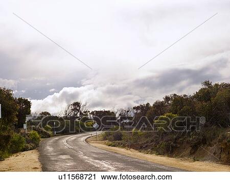 Stock Image - Low cloud and empty road, Point Addis National Park, Anglesea, Australia. Fotosearch