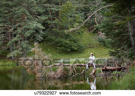 Stock Photo - Man on fallen tree near lake, Valle de Aran, Spain. Fotosearch