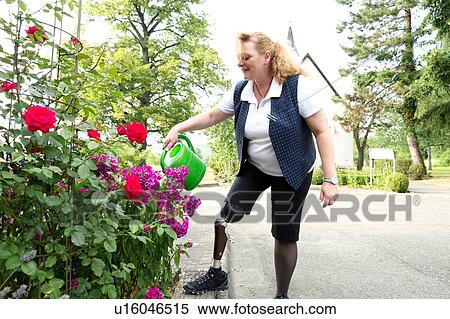 Mid adult woman with prosthetic leg, in garden, watering plants View Large Photo Image Stock Photography - Mid adult woman with prosthetic leg, in garden, watering plants. Fotosearch