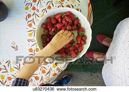 Overhead view of boys hand picking up fresh strawberry from bowl View Large Photo Image Stock Photograph - Overhead view of boys hand picking up fresh strawberry from bowl. Fotosearch