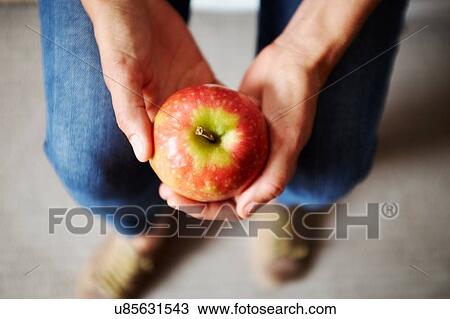Overhead view of womans hands holding red apple View Large Photo Image Stock Image - Overhead view of womans hands holding red apple. Fotosearch