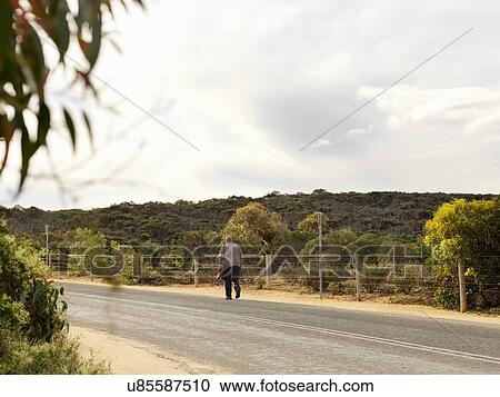 Rear view of man walking along road, Point Addis National Park, Anglesea, Australia View Large Photo Image Stock Image - Rear view of man walking along road, Point Addis National Park, Anglesea, Australia. Fotosearch
