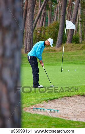 Side view of golfer taking a putt View Large Photo Image Stock Image - Side view of golfer taking a putt. Fotosearch