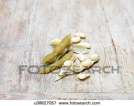 Stock Photo - Still life of lima Beans (also known as butter beans) on wooden table. Fotosearch
