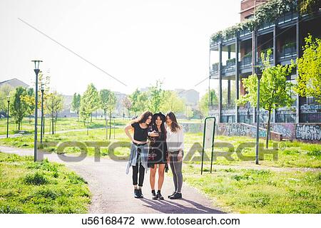 Stock Image - Three young female friends reading smartphone texts in park. Fotosearch